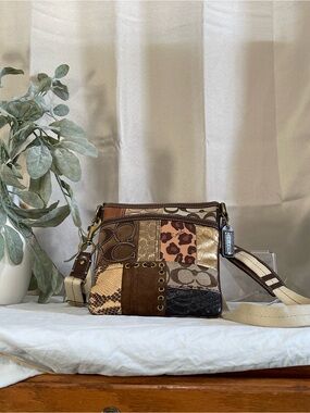 Coach Leather and Cloth Patchwork Crossbody in Brown and with Animal Print VGUC